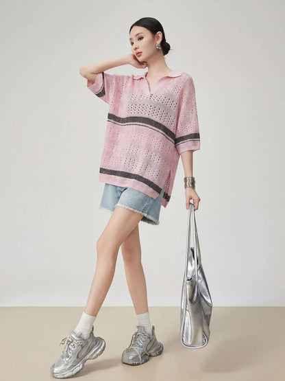 ファッション感満々 透かし編み ポロネック Tシャツ E-80089