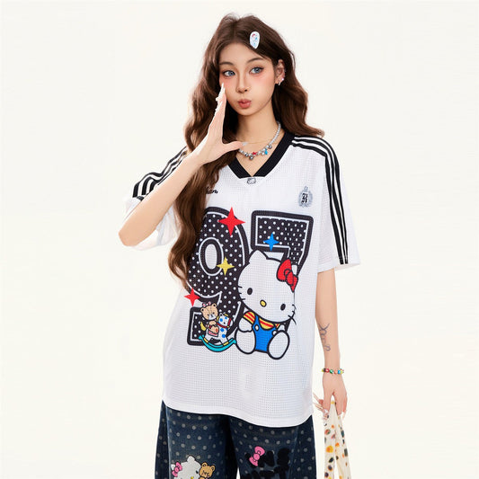 通気メッシュ プリント ゆったり Vネック 半袖 Tシャツ F-13509