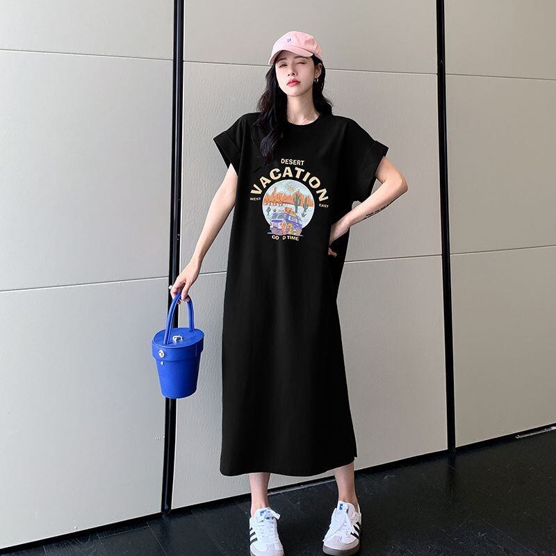 売り切れ必至 一目惚れ プリント Tシャツ カットソー ワンピース＜ins-8529＞