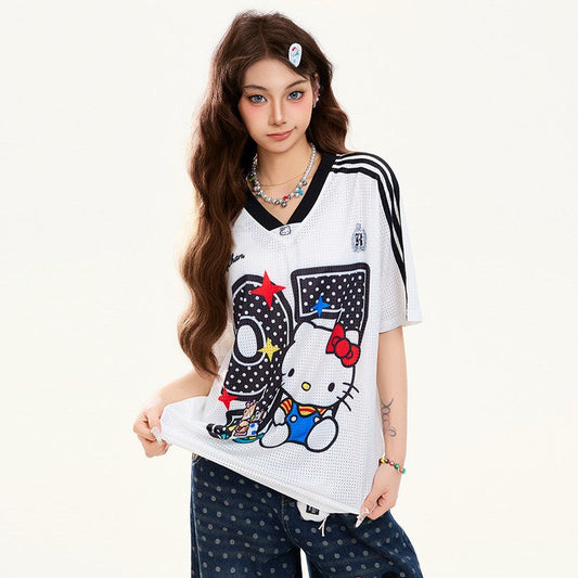 通気メッシュ プリント ゆったり Vネック 半袖 Tシャツ F-13509