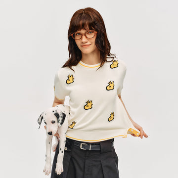 おしゃれ度高め 総柄 配色 半袖 薄手 ニット Tシャツ F-13495