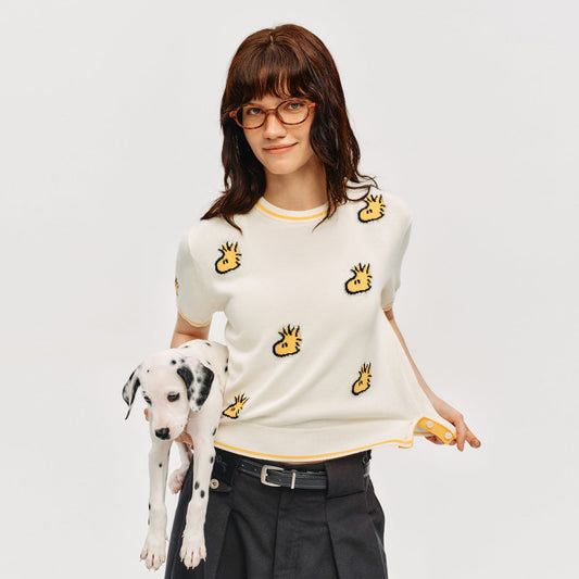 おしゃれ度高め 総柄 配色 半袖 薄手 ニット Tシャツ F-13495