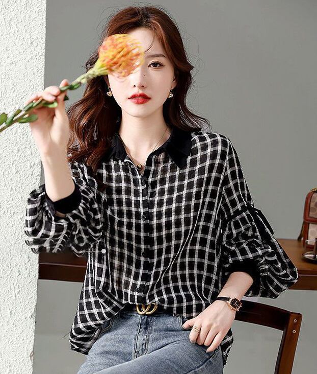 都市ファッショ デザイン オシャレ エレガント チェック柄 切り替え シャツ E-9306