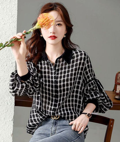 都市ファッショ デザイン オシャレ エレガント チェック柄 切り替え シャツ E-9306