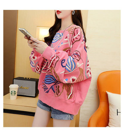 質感のいい刺?スウェット五色ありトップスE-4153