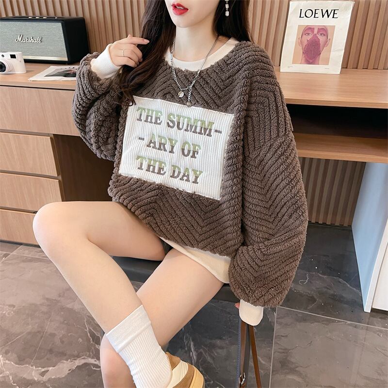 流行新作 美人度アップ 目を奪われる スタイルアップ カジュアル 2色選択 厚手のフリーススウェットシャツE-9822