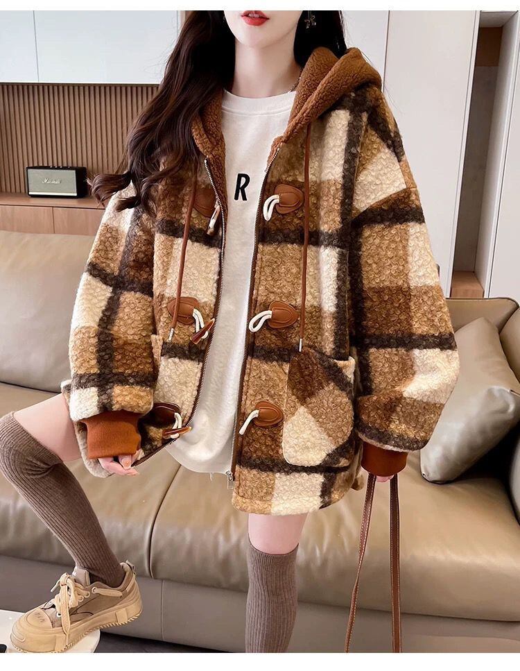 絶対流行 カジュアル 柔らかくて優しい印象 チェック柄 2色選択 ラムフリース コート ボアジャケットE-9854