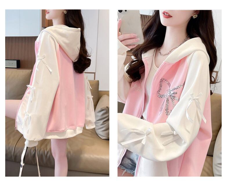 絶対流行 スウィート スタイルアップ スパンコール切り替え 2色選択 パーカー トレーナー レディース フード付き カーディガン E-9420