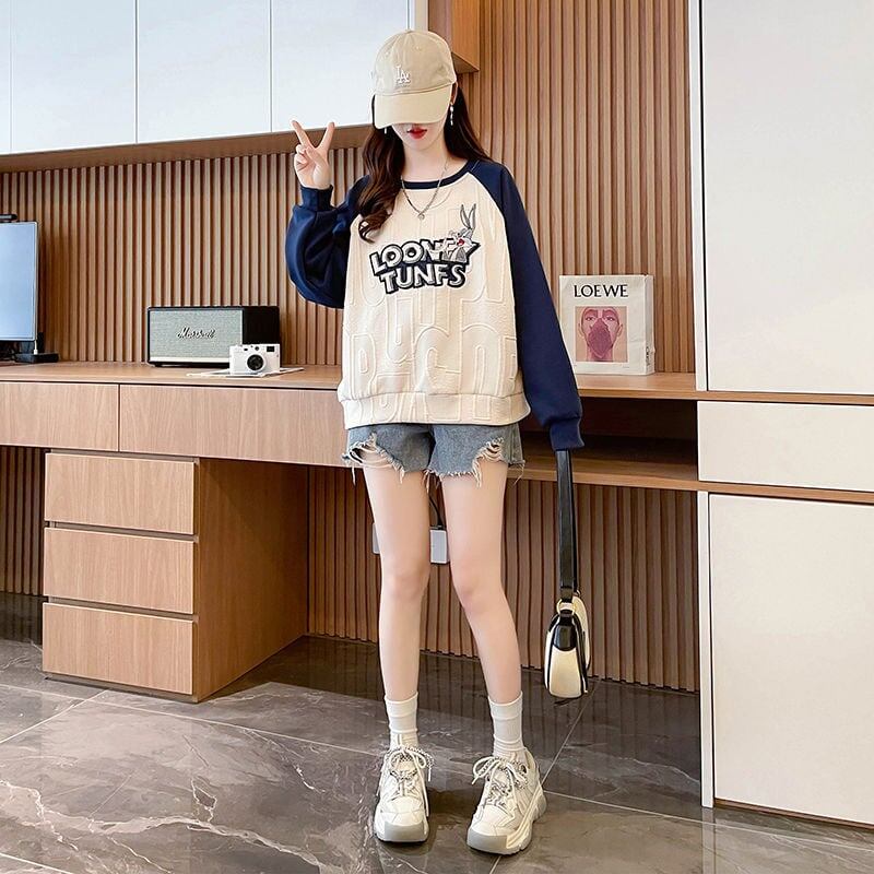 合わせやすい刺?ロゴゆったり厚手ラグランスリーブ   スウェット全2色E-4613