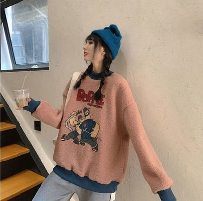 韓国系ふわふわグラフィックロゴボアスウェットトップス全2色E-4208