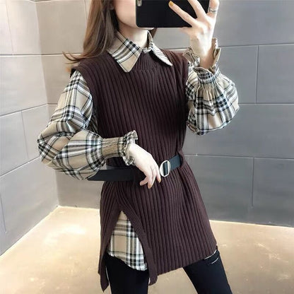 絶対欲しい オシャレ 都市ファッショ デザイン 3色選択 ニットセーターベストシャツ2点セット E-9524