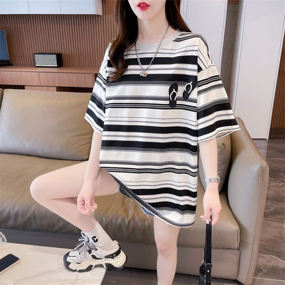 存在感抜群 ストライプ柄 トレンドアイテム カジュアル ゆったり 全2色 半袖TシャツE-9322
