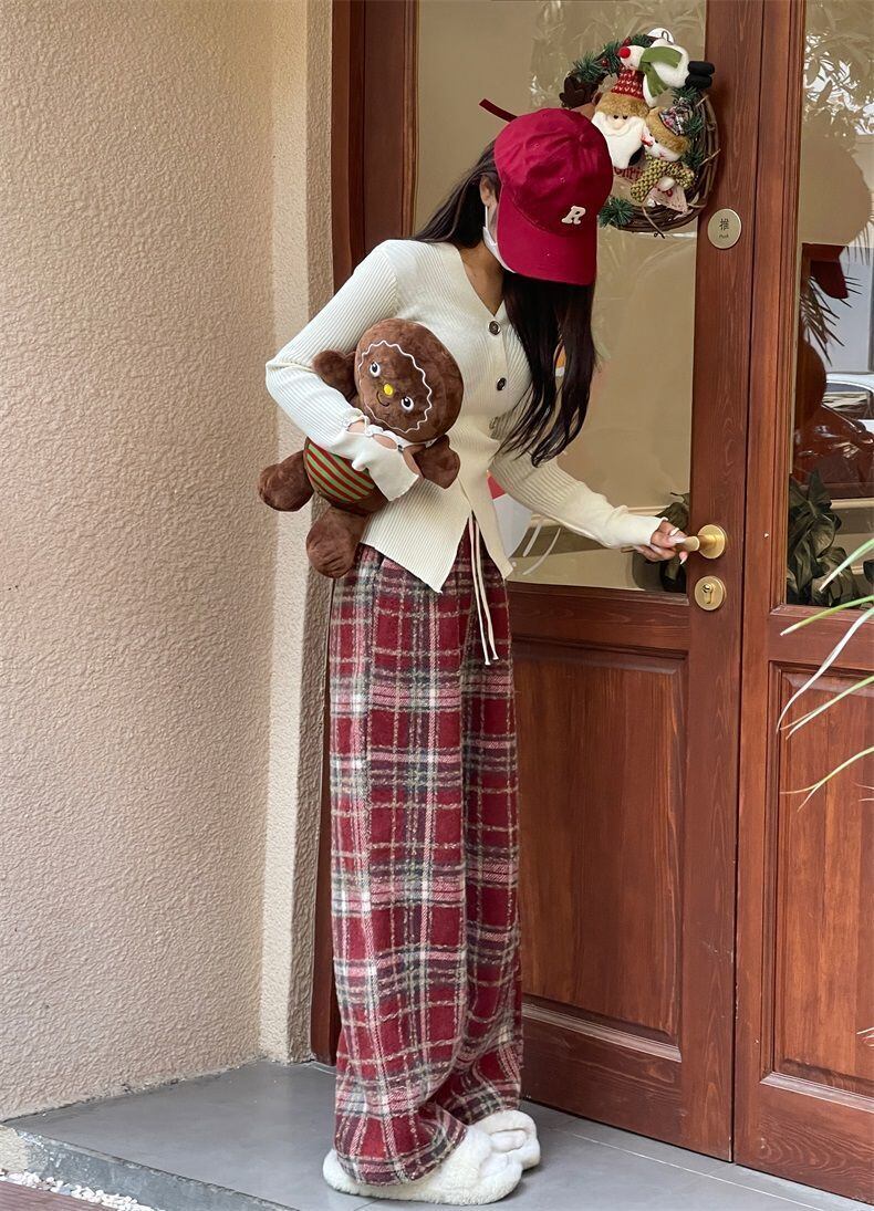 着回し力抜群 チェック柄 おしゃれ度高め 3色選択 ウールワイドレッグパンツ E-9757