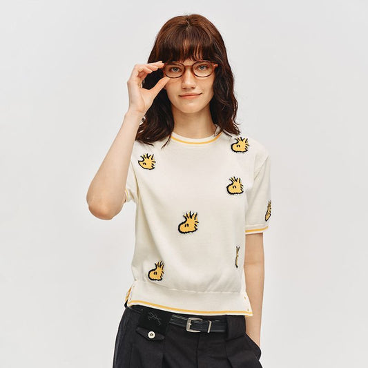 おしゃれ度高め 総柄 配色 半袖 薄手 ニット Tシャツ F-13495