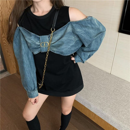 スタイリッシュ ラウンドネック 一目惚れ 切り替え 蝶結び スウェット パーカーE-2849