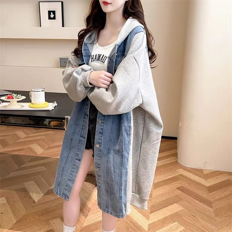 都市ファッショ デザイン オシャレ デザイン性抜群 デニム 切り替え ゆったりコートE-9804