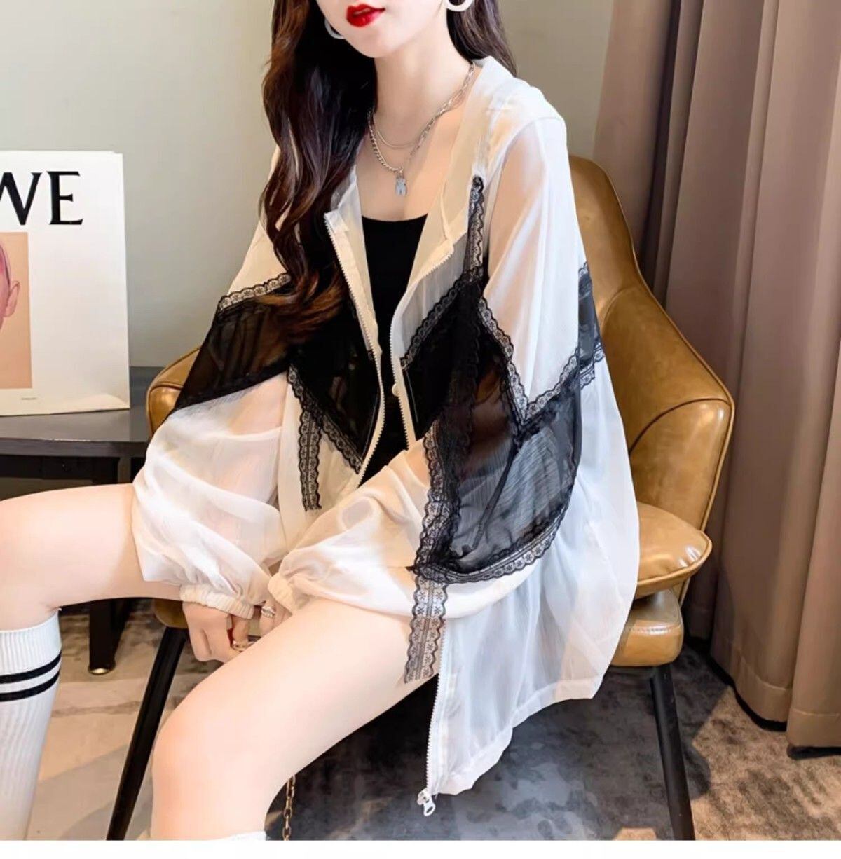 超人気 レース おしゃれ度高め 切り替え 日焼け対策 全2色 パーカー コートE-9143