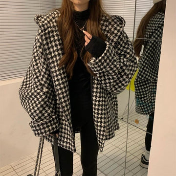 レトロ 千鳥格子 個性的なデザイン 長袖 ジャケット ブルゾン アウターE-2868
