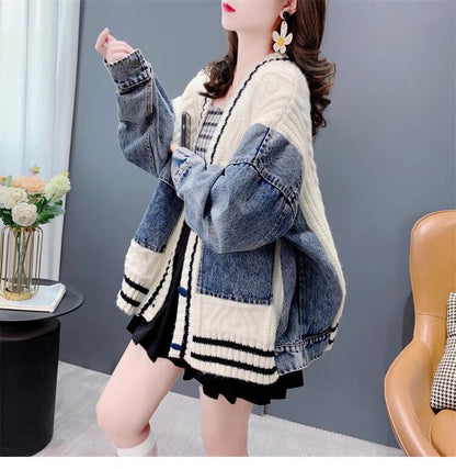 存在感抜群 おしゃれ度高め トレンドアイテム デニム 切り替え 2色選択 ニットトップスE-9724