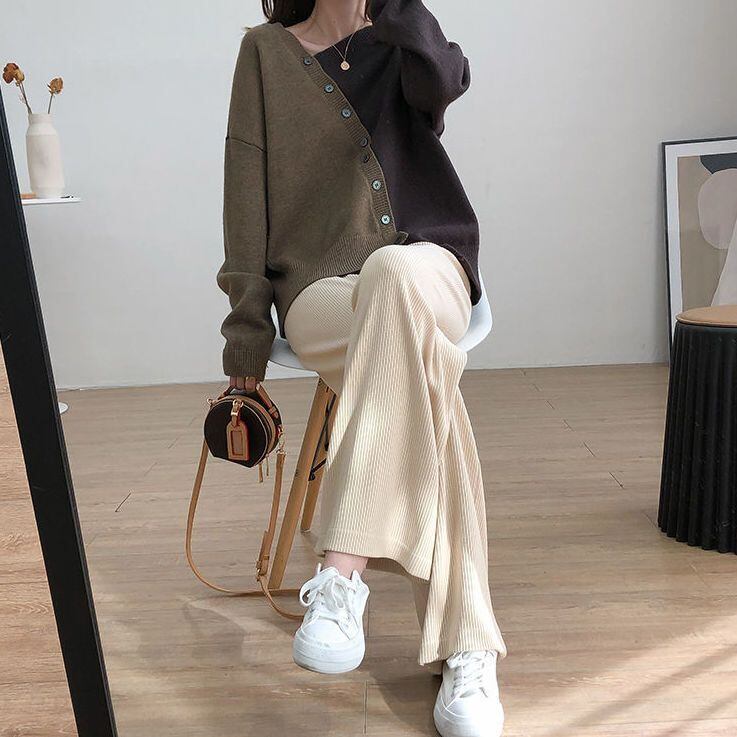 着回し力抜群 不規則 おしゃれ度高め イレギュラー 切り替え 2色選択 ニットトップスE-9462