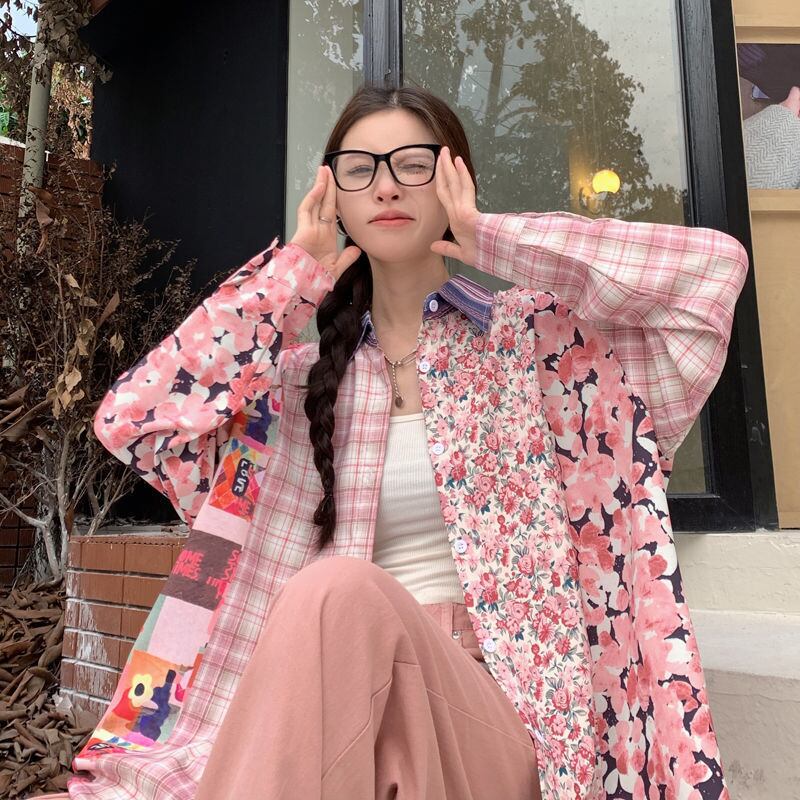 スタイルアップ効果抜群 切り替え カジュアル チェック柄 全2色 シャツ E-9177