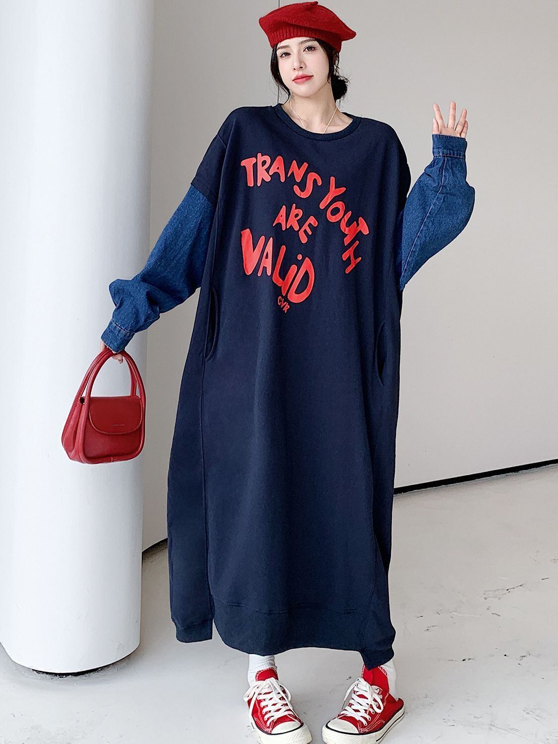 質感のいい デニム プラスベルベット長袖 ニット セーター E-10357