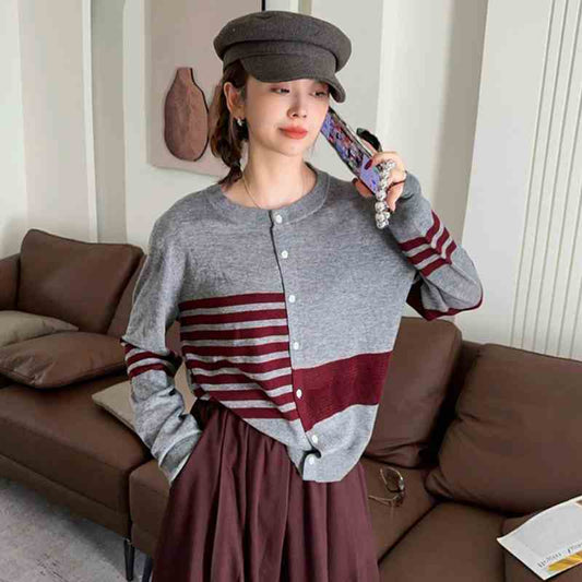 都市ファッショ デザイン オシャレ 切り替え ストライプ柄 ニットトップスE-9581
