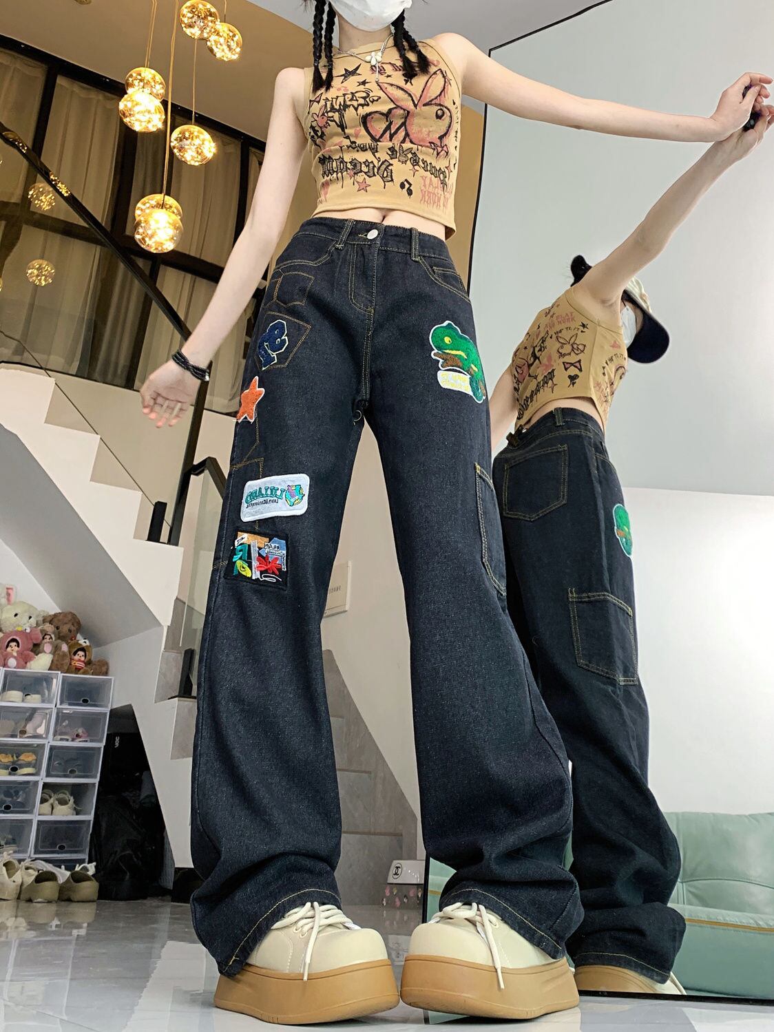 ファッション感満々 着回し力抜群 個性的なデザイン デニム ワイドパンツE-9769