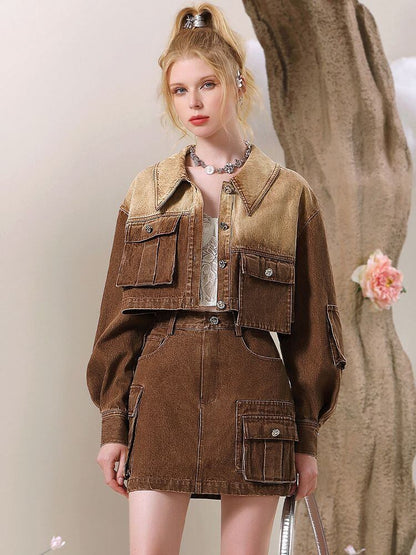 絶対欲しい グラデーション デザイン性抜群 デニム トップスⅹミニスカートセットアップE-9159