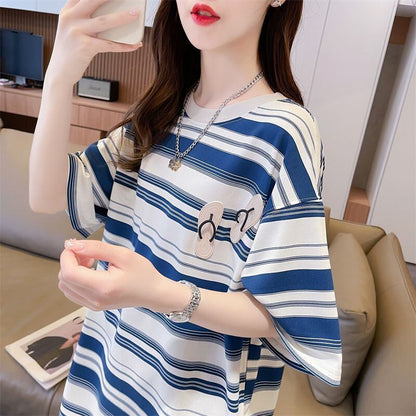 存在感抜群 ストライプ柄 トレンドアイテム カジュアル ゆったり 全2色 半袖TシャツE-9322