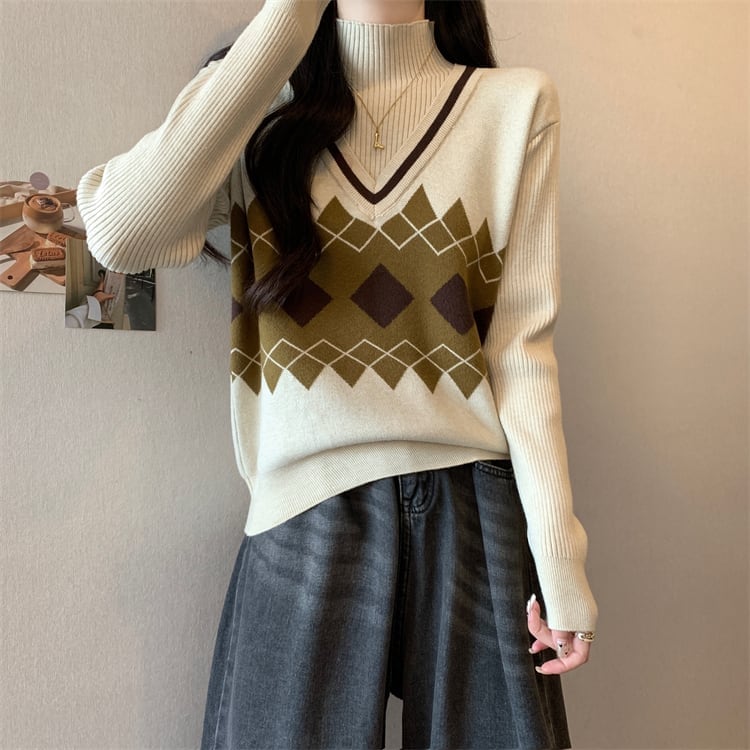 人気上昇中 レイヤード風 おしゃれ度高め 全2色 ニットトップスE-9583