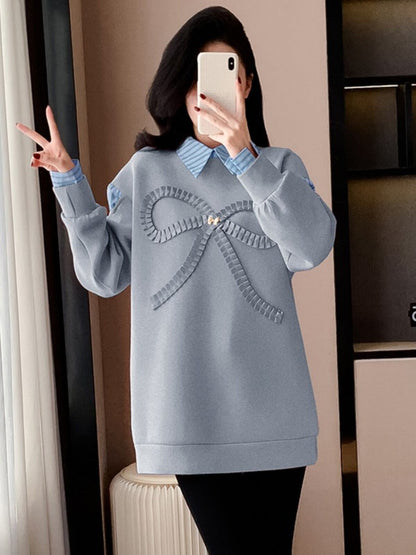 好感度UP レイヤード風 柔らかくて優しい印象 切り替え プラスベルベット 全3色 スウェットE-9809