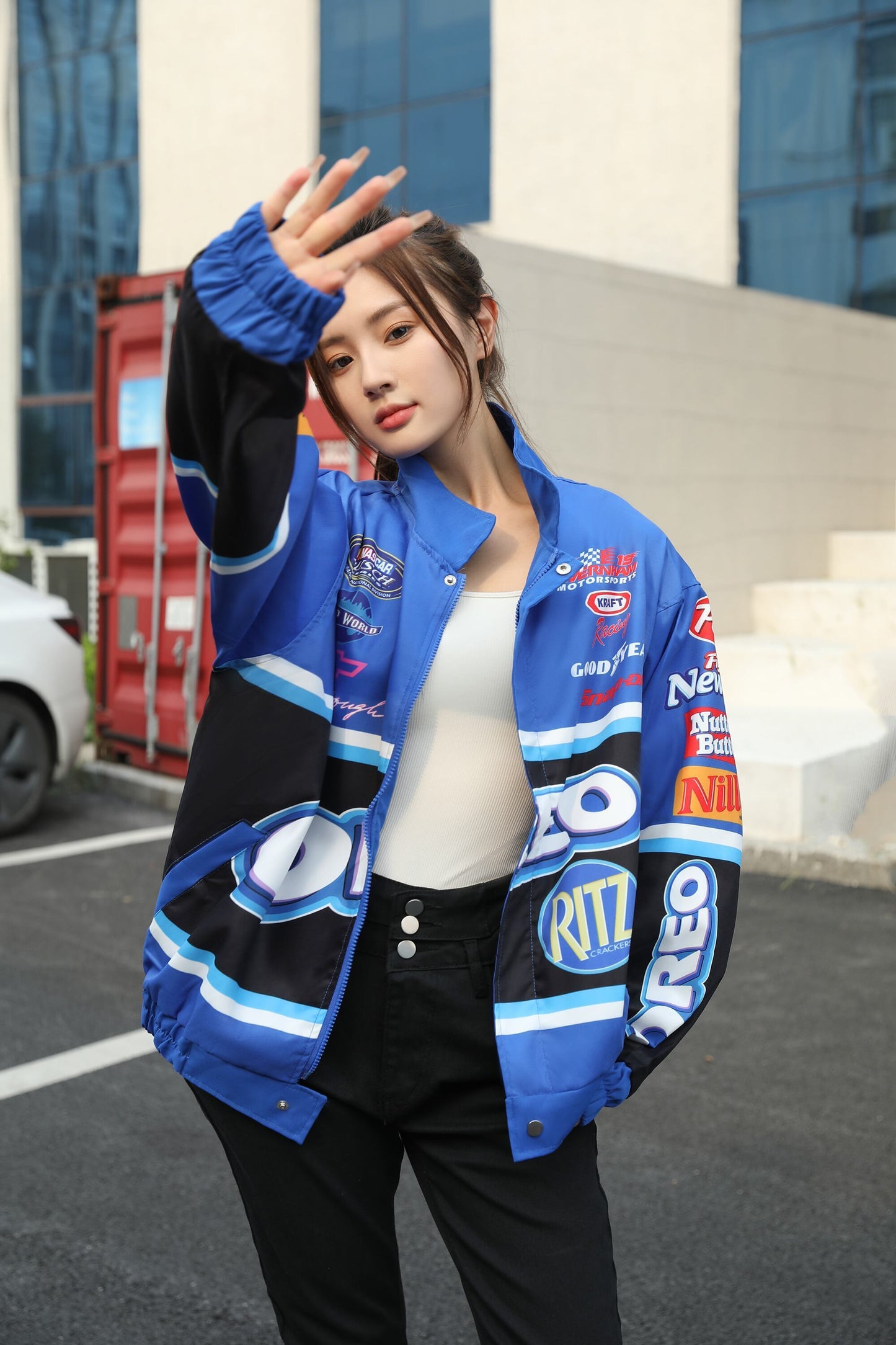 【人気急上昇中】ユニセックス   スポーティーなブループリントのカジュアルジャージE-5090