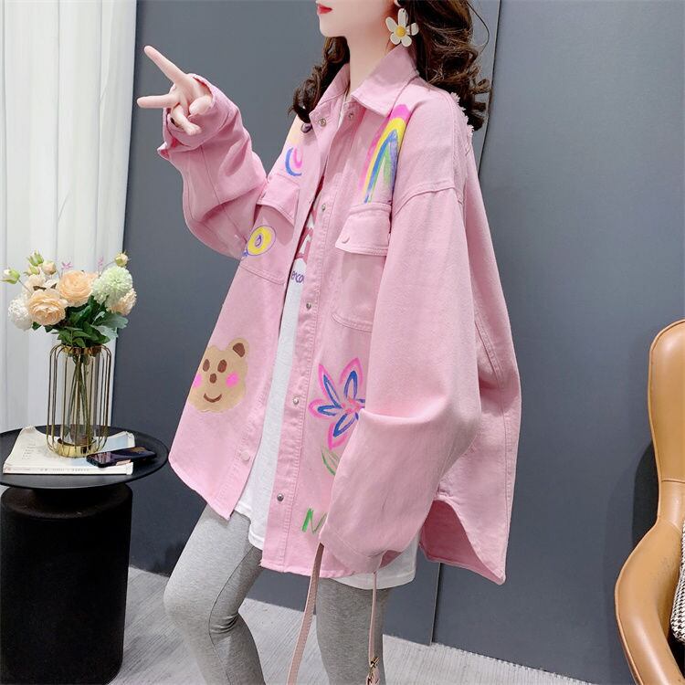 売り切れ必至 韓国風ファッション 上質 アバンギャルド プリント デニム Tシャツ E-9479