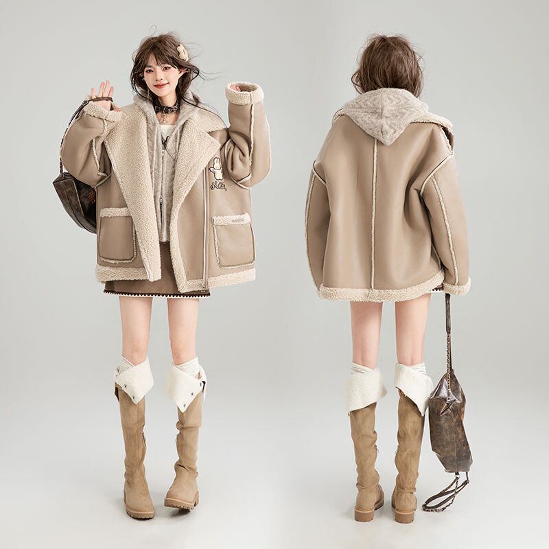 高級感溢れる 革ファッション厚い暖かいフェイクシャーリングジャケットコート ファッション感満々 E-9884