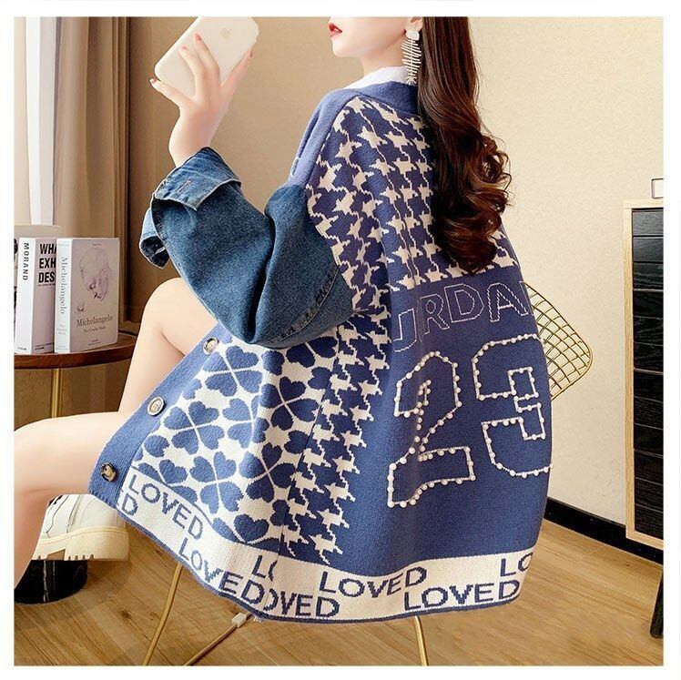 都市ファッショ デザイン オシャレ デニム切り替え 全2色 ニットカーディガンE-9377