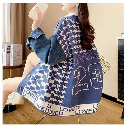 都市ファッショ デザイン オシャレ デニム切り替え 全2色 ニットカーディガンE-9377