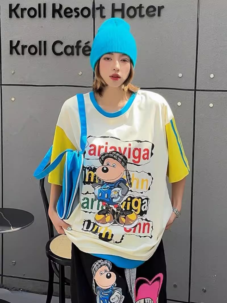 話題沸騰中 カジュアル  ゆったり プリント カラーマッチング 半袖Tシャツ＜ins-8067＞