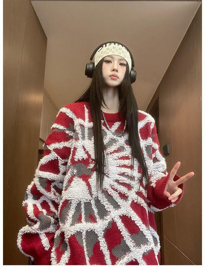 おしゃれ度アップビッグ刺?ロゴゆったりニットセーター全2色   E-4572