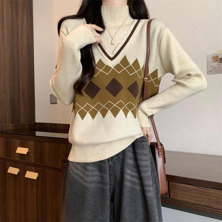 人気上昇中 レイヤード風 おしゃれ度高め 全2色 ニットトップスE-9583