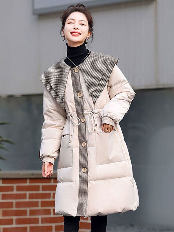 都市ファッショ デザイン オシャレ 切り替え 2色選択 ロングダウンジャケット E-9739