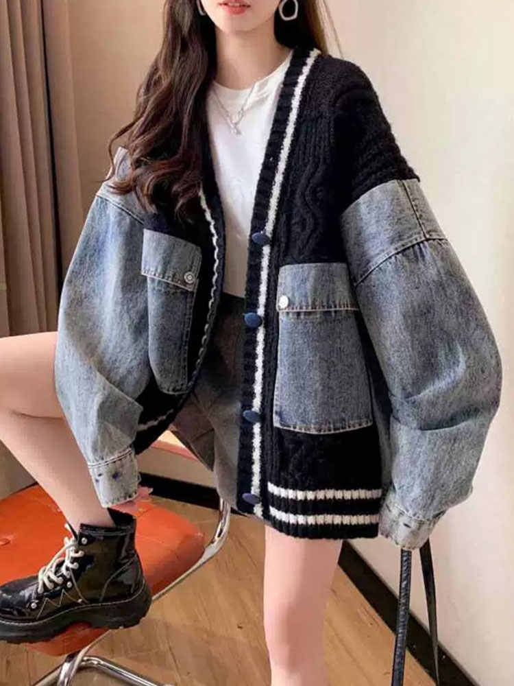 存在感抜群 おしゃれ度高め トレンドアイテム デニム 切り替え 2色選択 ニットトップスE-9724