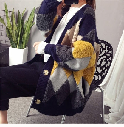 アーガイル オーバーサイズ ボア ニットカーディガン iEf-3833