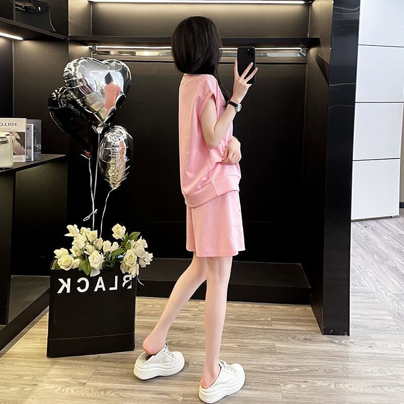 超人気 ホットダイヤモンド カジュアル プリント 半袖Tシャツ ショートパンツ セットアップ E-9215