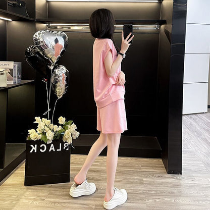 超人気 ホットダイヤモンド カジュアル プリント 半袖Tシャツ ショートパンツ セットアップ E-9215