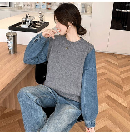 好感度UP レイヤード風 スタイルアップ デニム 切り替え 3色選択 ニットトップスE-9594