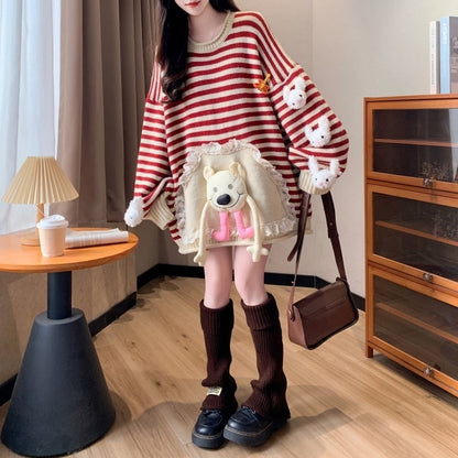 スタイルアップ効果抜群 ストライプ柄 個性的なデザイン 2色選択ニットトップスE-10585