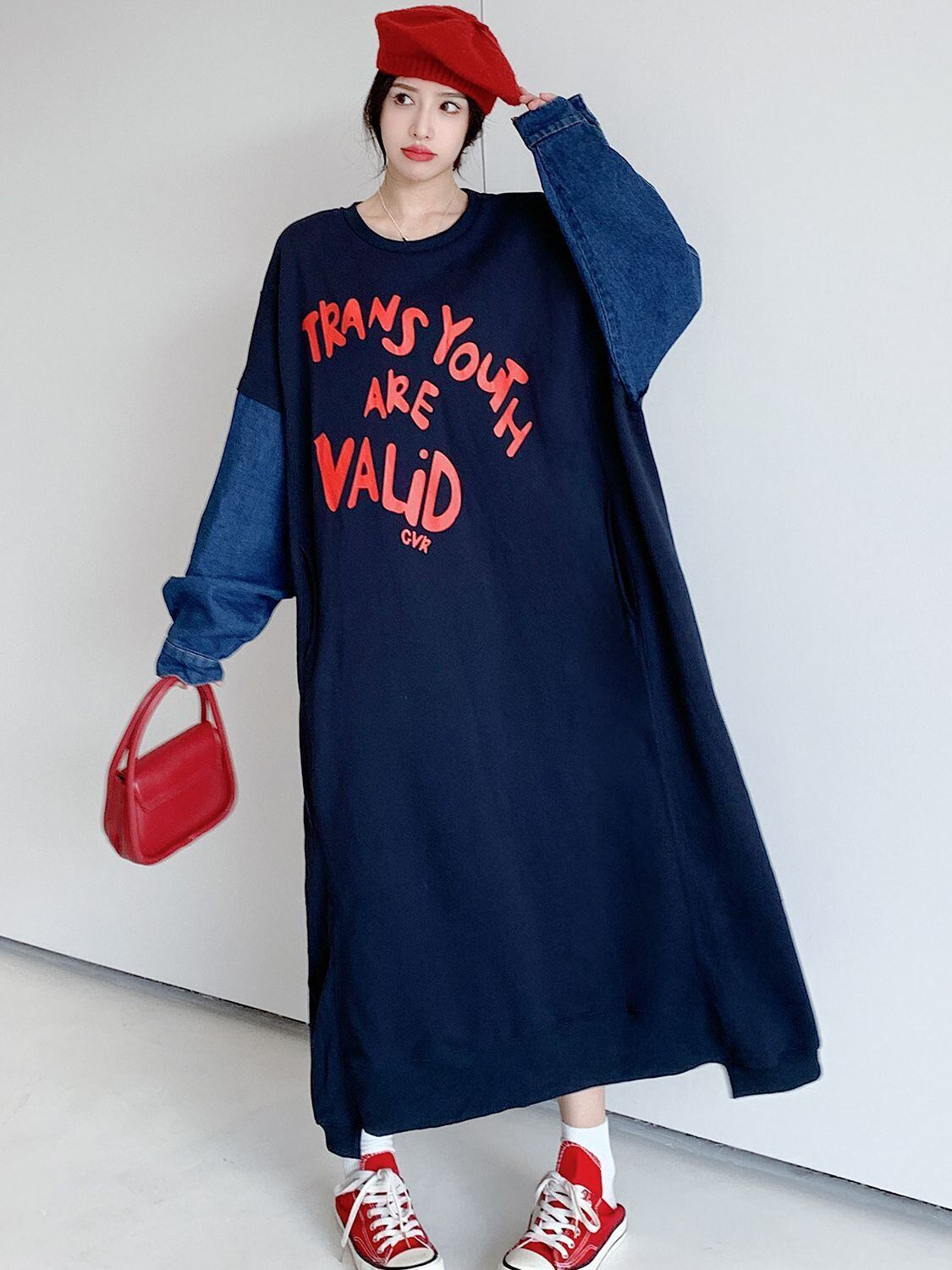 質感のいい デニム プラスベルベット長袖 ニット セーター E-10357