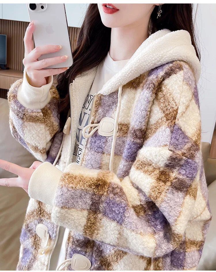 絶対流行 カジュアル 柔らかくて優しい印象 チェック柄 2色選択 ラムフリース コート ボアジャケットE-9854