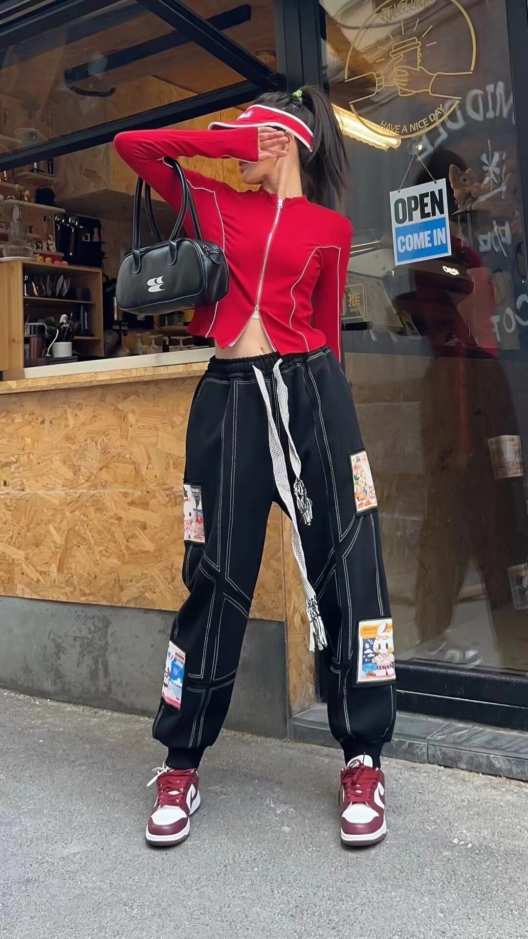 大活躍 高見えデザイン スタイルアップ効果抜群 切り替え プリント 全4色 カジュアルパンツE-9358